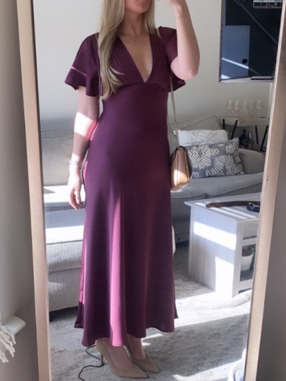 Deep Plum V-Neck Flutter Sleeve Maxi Dress
